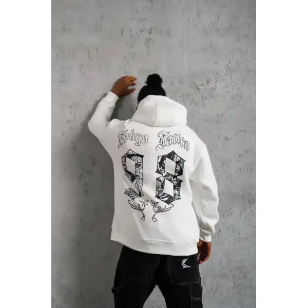 Erkek 98 Baskılı Kapşonlu 3 iplik pamuklu Sweatshirt hoodie - Beyaz