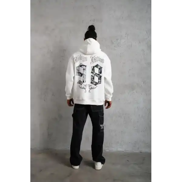 Erkek 98 Baskılı Kapşonlu 3 iplik pamuklu Sweatshirt hoodie - Beyaz
