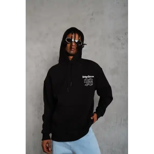 Erkek 98 Baskılı Kapüşonlu 3 iplik pamuklu hoodie Sweatshirt - Siyah