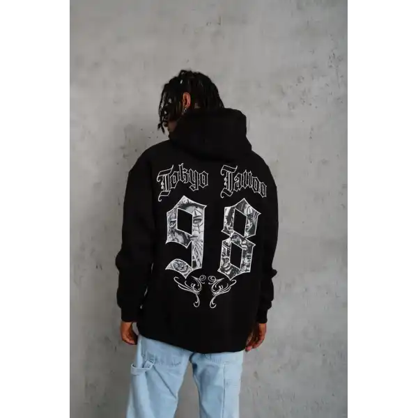 Erkek 98 Baskılı Kapüşonlu 3 iplik pamuklu hoodie Sweatshirt - Siyah
