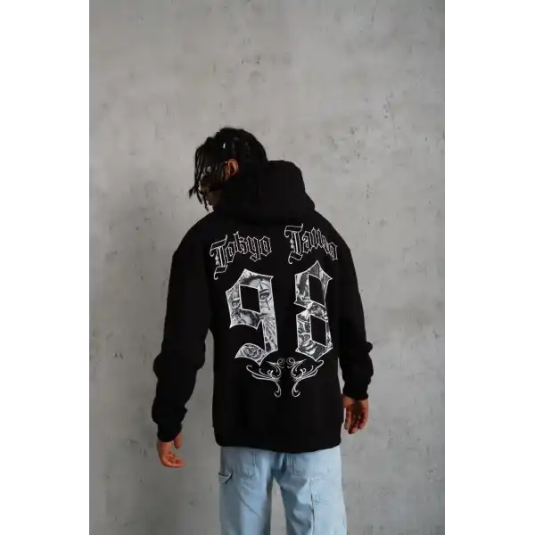Erkek 98 Baskılı Kapüşonlu 3 iplik pamuklu hoodie Sweatshirt - Siyah
