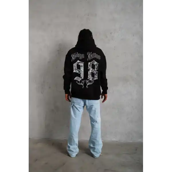 Erkek 98 Baskılı Kapüşonlu 3 iplik pamuklu hoodie Sweatshirt - Siyah
