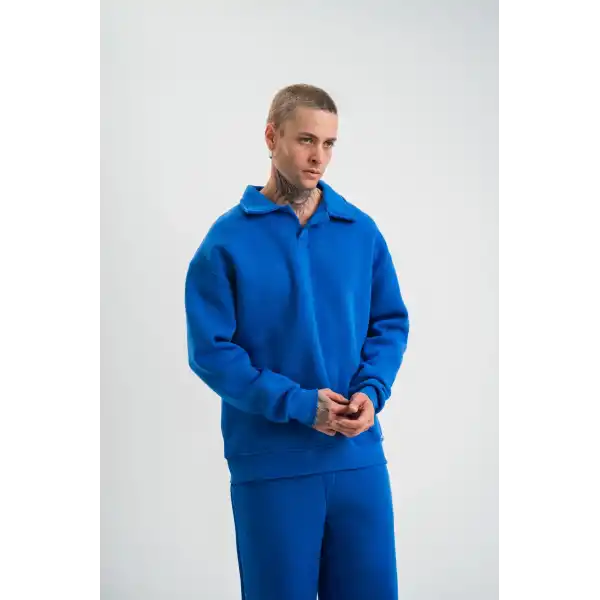 Erkek Açık Yakalı Oversize 3 İplik Pamuklu Sweatshirt - Mavii