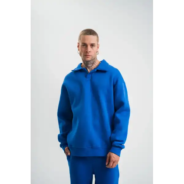 Erkek Açık Yakalı Oversize 3 İplik Pamuklu Sweatshirt - Mavii