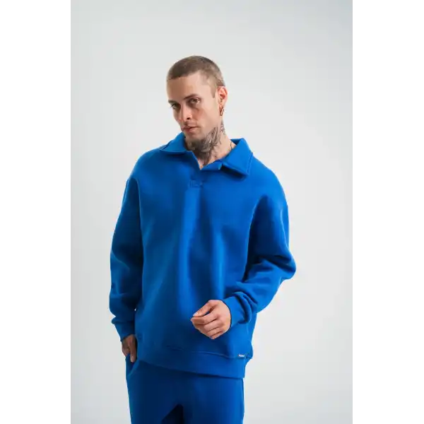 Erkek Açık Yakalı Oversize 3 İplik Pamuklu Sweatshirt - Mavii