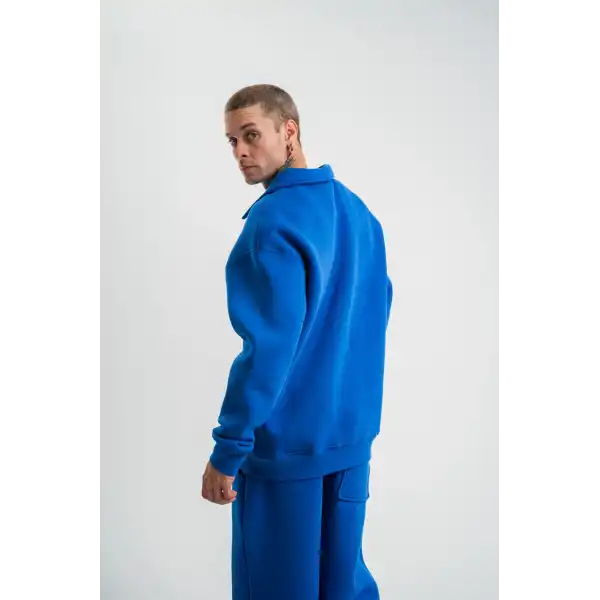 Erkek Açık Yakalı Oversize 3 İplik Pamuklu Sweatshirt - Mavii