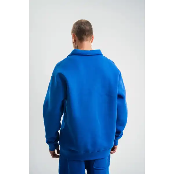 Erkek Açık Yakalı Oversize 3 İplik Pamuklu Sweatshirt - Mavii