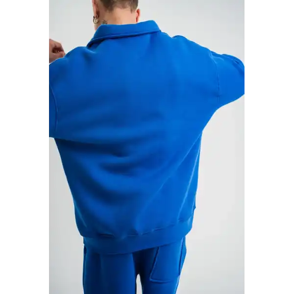 Erkek Açık Yakalı Oversize 3 İplik Pamuklu Sweatshirt - Mavii