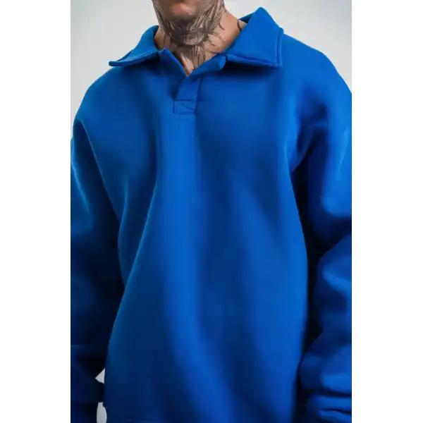 Erkek Açık Yakalı Oversize 3 İplik Pamuklu Sweatshirt - Mavii
