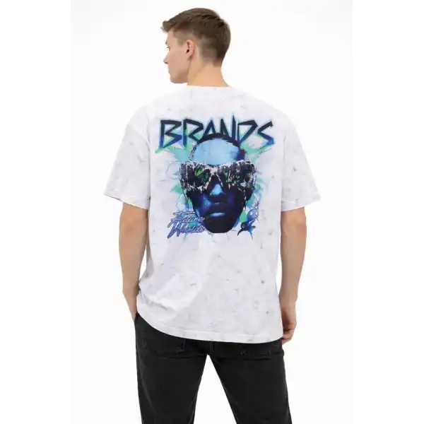 Erkek Asit Yıkamalı Oversize Tişört Bisiklet Yaka Kısa Kol T-shirt - Beyaz