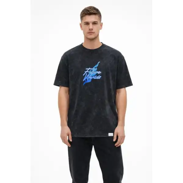 Erkek Asit Yıkamalı Oversize Tişört Bisiklet Yaka Kısa Kol T-shirt - Siyah