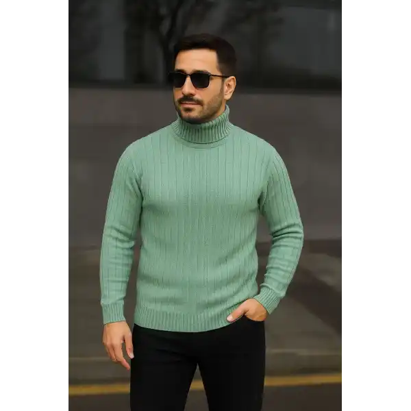 Erkek Balıkcı Yaka Bağazlı Triko Kazak Pamuklu Kalın Fitilli Dokuma, Regular Fit Uzun Kollu Kışlık Model - Mint Yeşili