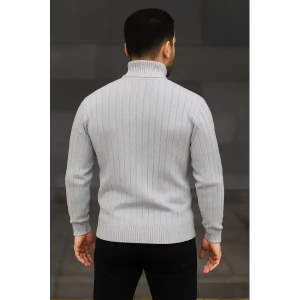 Erkek Balıkcı Yaka Bağazlı Triko Kazak Pamuklu Kalın Fitilli Dokuma, Regular Fit Uzun Kollu Kışlık Model - Gri