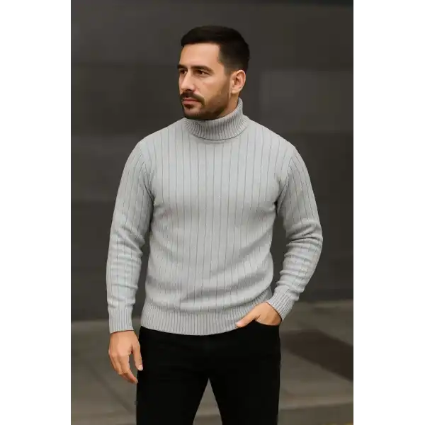 Erkek Balıkcı Yaka Bağazlı Triko Kazak Pamuklu Kalın Fitilli Dokuma, Regular Fit Uzun Kollu Kışlık Model - Gri