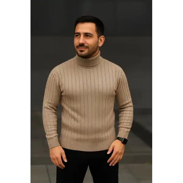 Erkek Balıkcı Yaka Bağazlı Triko Kazak Pamuklu Kalın Fitilli Dokuma, Regular Fit Uzun Kollu Kışlık Model - Bej