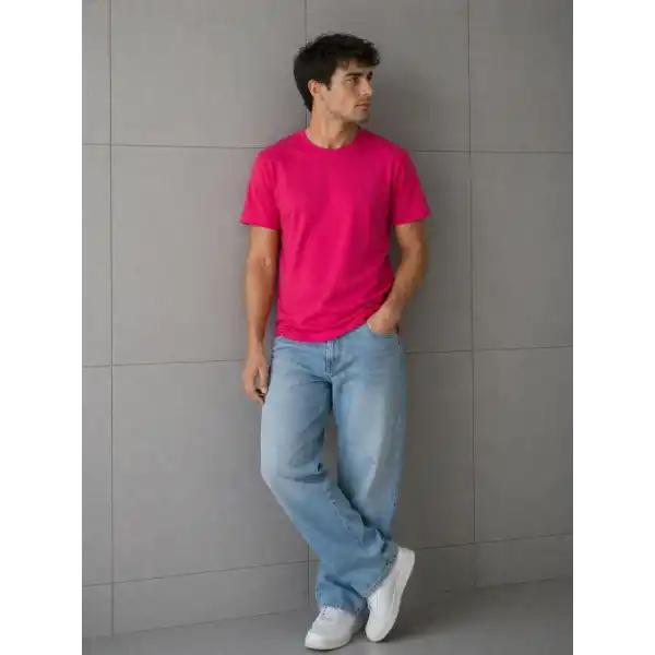 Erkek Basic Pamuklu Tişört Bisiklet Yaka Düz Renk Regular Fit T-Shirt - Fuşya