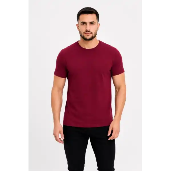 Erkek Basic Tişört Bisiklet Yaka Kısa Kol Günlük Yazlık Slim fit T-Shirt - Bordo