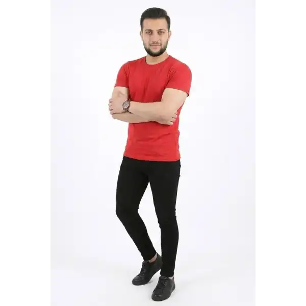Erkek Basic Tişört Bisiklet Yaka Kısa Kol Günlük Yazlık Slim fit T-Shirt - Kırmızı