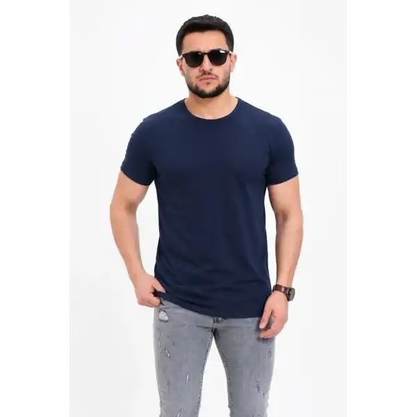 Erkek Basic Tişört Bisiklet Yaka Kısa Kol Günlük Yazlık Slim fit T-Shirt - Lacivert
