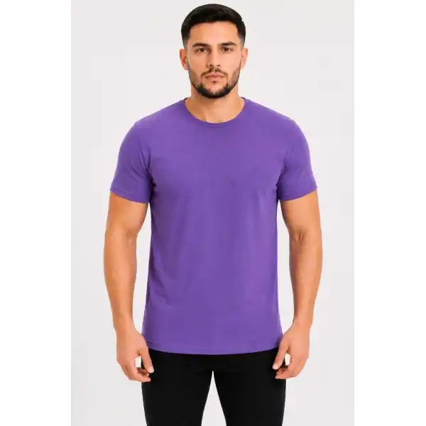 Erkek Basic Tişört Bisiklet Yaka Kısa Kol Günlük Yazlık Slim fit T-Shirt - Mor