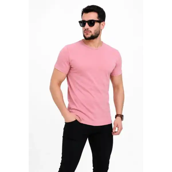 Erkek Basic Tişört Bisiklet Yaka Kısa Kol Günlük Yazlık Slim fit T-Shirt - Pembe