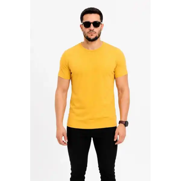 Erkek Basic Tişört Bisiklet Yaka Kısa Kol Günlük Yazlık Slim fit T-Shirt - Sarı