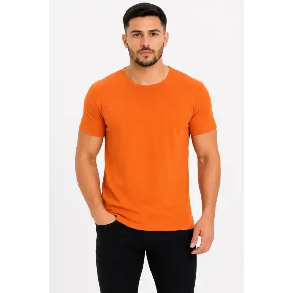 Erkek Basic Tişört Bisiklet Yaka Kısa Kol Günlük Yazlık Slim fit T-Shirt - Turuncu