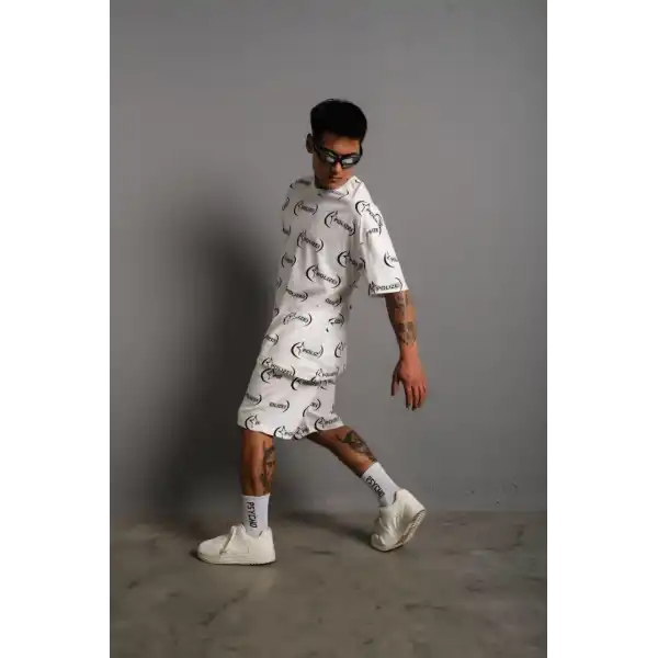 Erkek Baskılı İkili Şortlu Takım - Beyaz