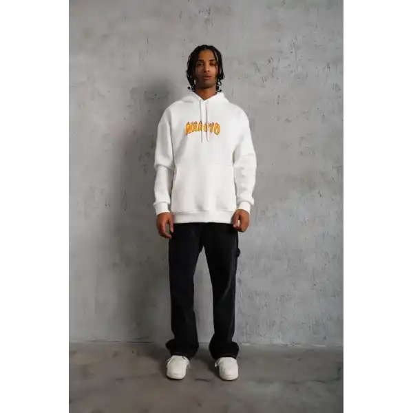 Erkek Baskılı Kapüşonlu 3 iplik pamuklu hoodie Sweatshirt - Beyaz