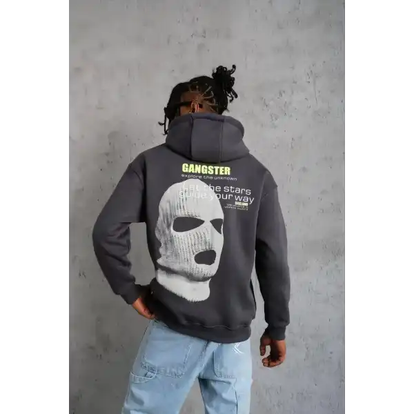 Erkek Baskılı Kapüşonlu 3 iplik pamuklu hoodie Sweatshirt - Gri