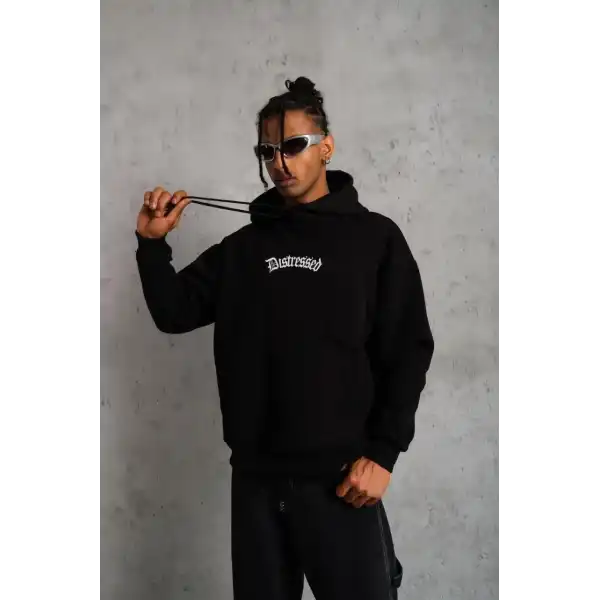 Erkek Baskılı Kapüşonlu 3 iplik pamuklu hoodie Sweatshirt - Siyah