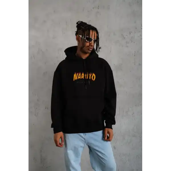 Erkek Baskılı Kapüşonlu 3 iplik pamuklu hoodie Sweatshirt - Siyah