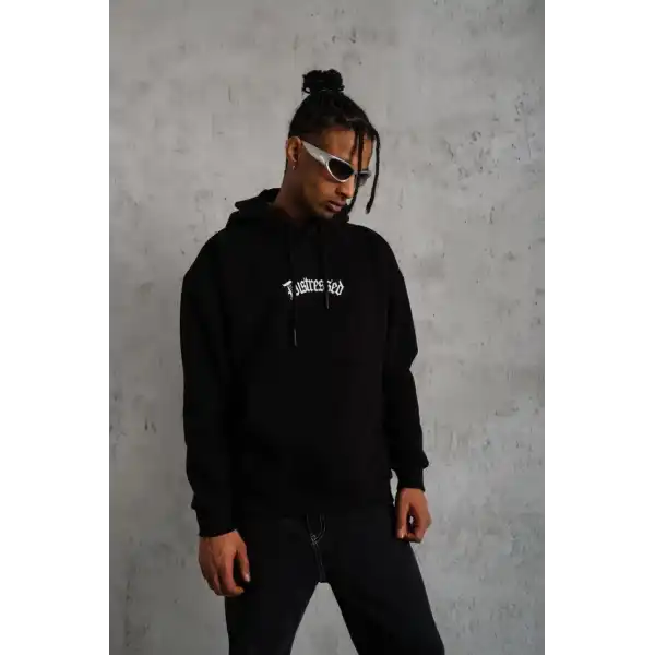 Erkek Baskılı Kapüşonlu 3 iplik pamuklu hoodie Sweatshirt - Siyah