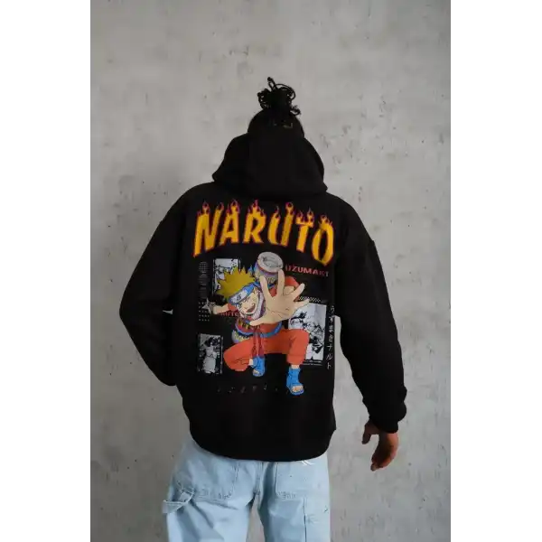 Erkek Baskılı Kapüşonlu 3 iplik pamuklu hoodie Sweatshirt - Siyah