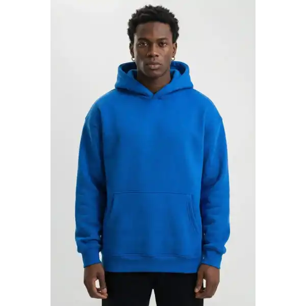Erkek Baskılı Kapüşonlu Cepli Hoodie 3 İplik Pamuklu Sweatshirt - Saks Mavisi