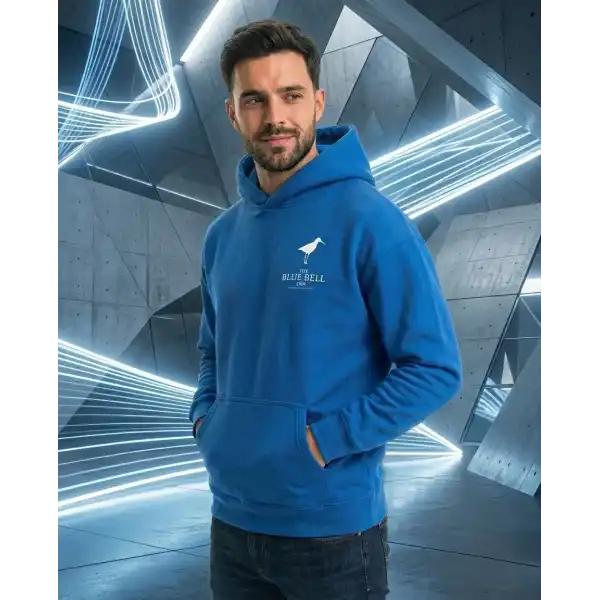 Erkek Baskılı Kapüşonlu Cepli Hoodie 3 İplik Pamuklu Sweatshirt - Saks Mavisii