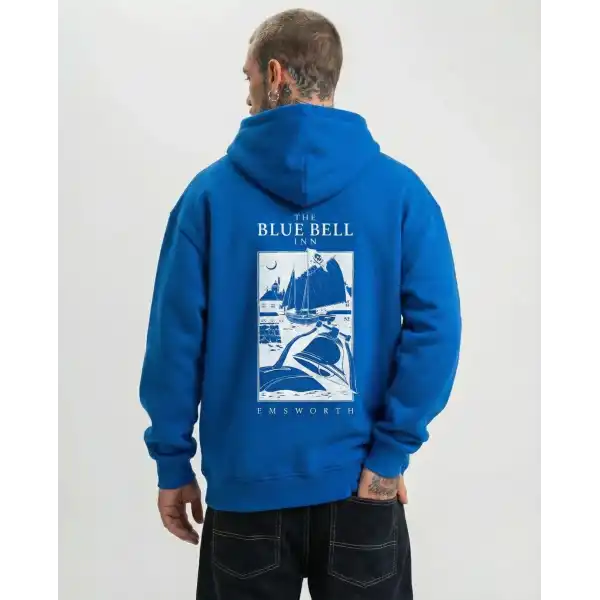 Erkek Baskılı Kapüşonlu Cepli Hoodie 3 İplik Pamuklu Sweatshirt - Saks Mavisii