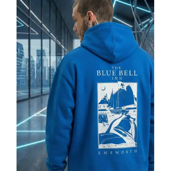 Erkek Baskılı Kapüşonlu Cepli Hoodie 3 İplik Pamuklu Sweatshirt - Saks Mavisii