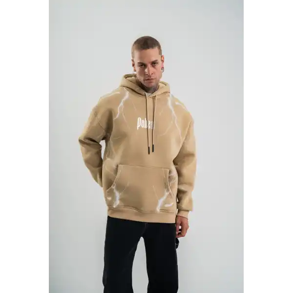 Erkek Baskılı Kapüşonlu Oversize 3 İplik Pamuklu SweatShirt Hoodie - Füme