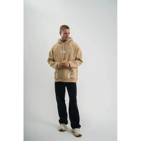 Erkek Baskılı Kapüşonlu Oversize 3 İplik Pamuklu SweatShirt Hoodie - Füme
