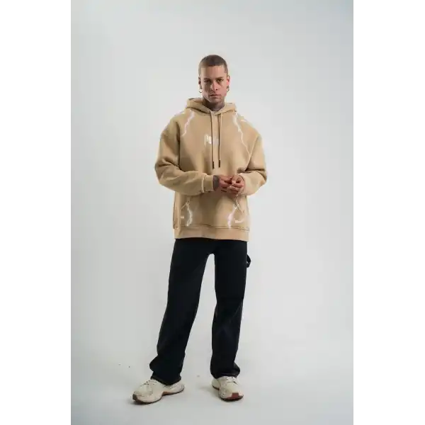 Erkek Baskılı Kapüşonlu Oversize 3 İplik Pamuklu SweatShirt Hoodie - Füme