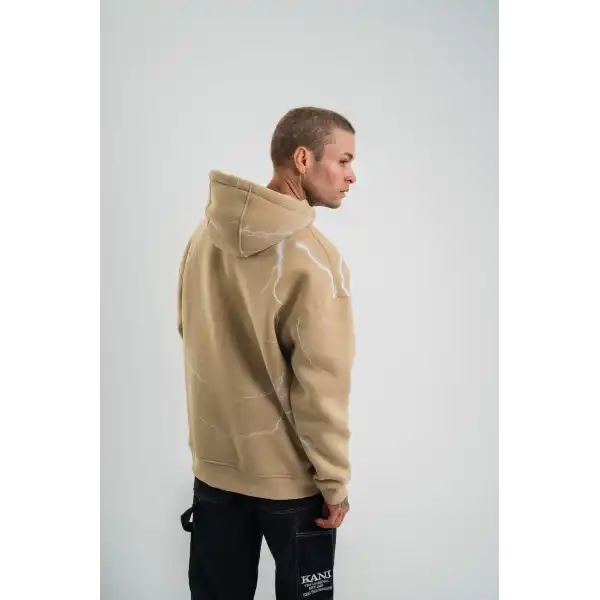 Erkek Baskılı Kapüşonlu Oversize 3 İplik Pamuklu SweatShirt Hoodie - Füme