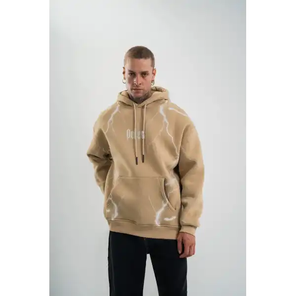Erkek Baskılı Kapüşonlu Oversize 3 İplik Pamuklu SweatShirt Hoodie - Füme