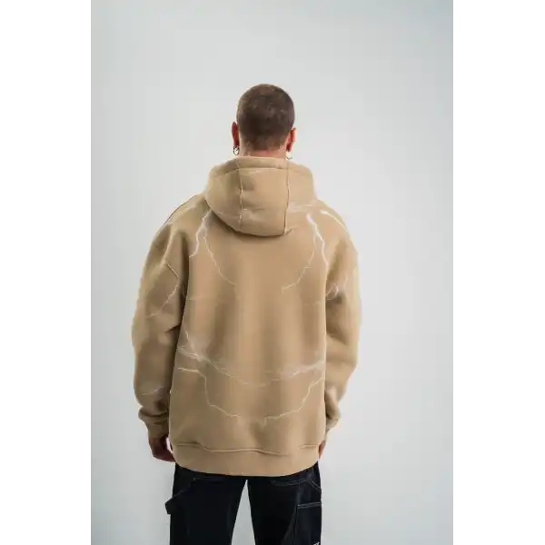 Erkek Baskılı Kapüşonlu Oversize 3 İplik Pamuklu SweatShirt Hoodie - Füme