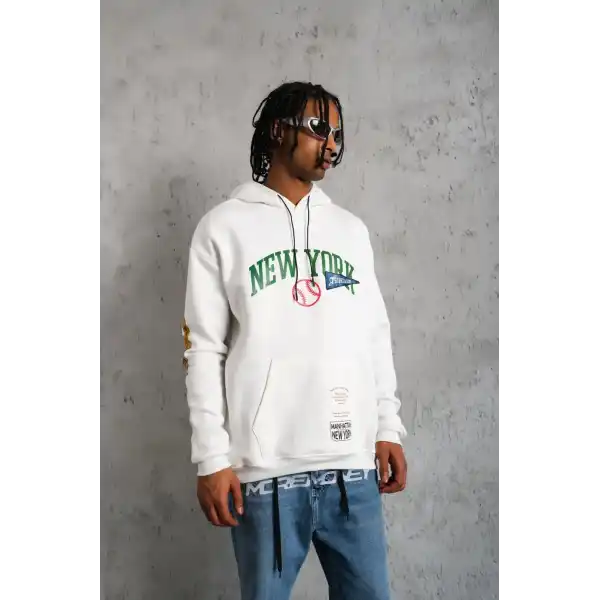 Erkek Baskılı Kapüşonlu Sweatshirt - Beyaz