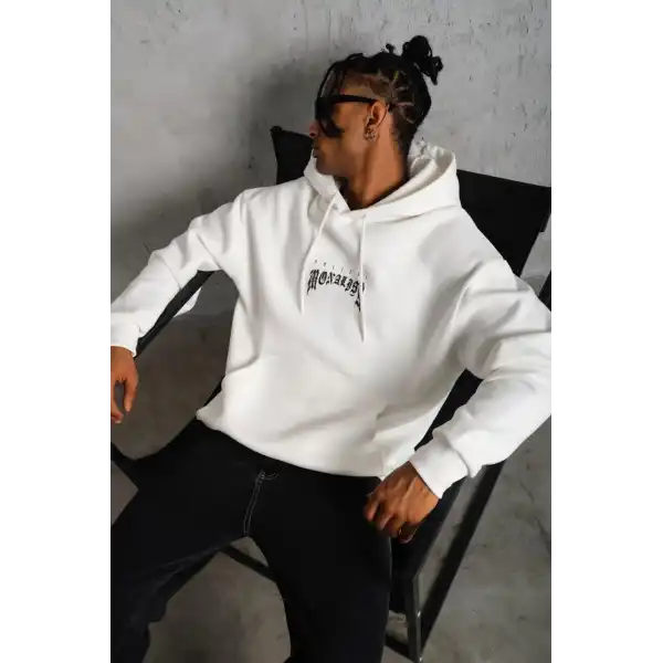 Erkek Baskılı Kapüşonlu ve Kanguru Cepli Sweatshirt hoodie - Beyaz