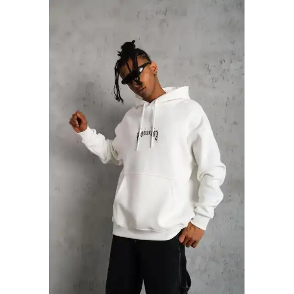 Erkek Baskılı Kapüşonlu ve Kanguru Cepli Sweatshirt hoodie - Beyaz