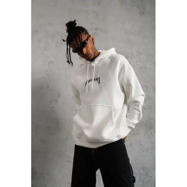 Erkek Baskılı Kapüşonlu ve Kanguru Cepli Sweatshirt hoodie - Beyaz