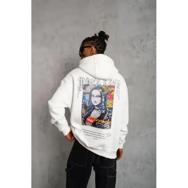 Erkek Baskılı Kapüşonlu ve Kanguru Cepli Sweatshirt hoodie - Beyaz