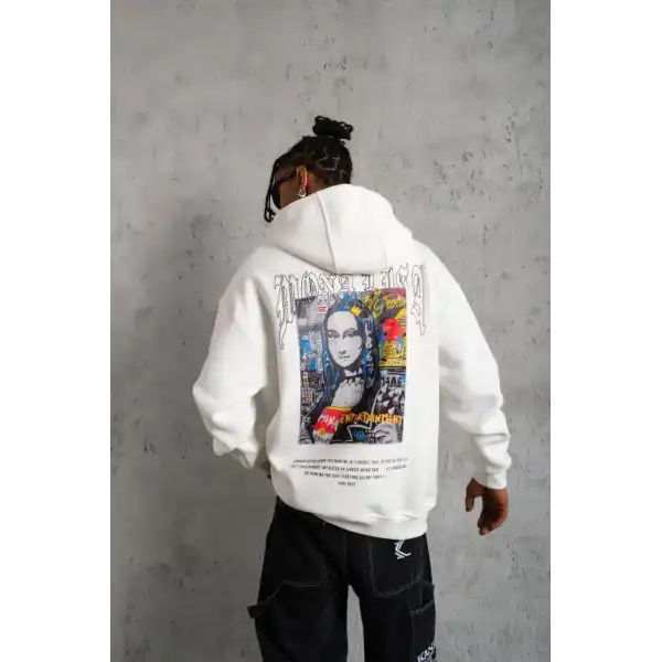 Erkek Baskılı Kapüşonlu ve Kanguru Cepli Sweatshirt hoodie - Beyaz